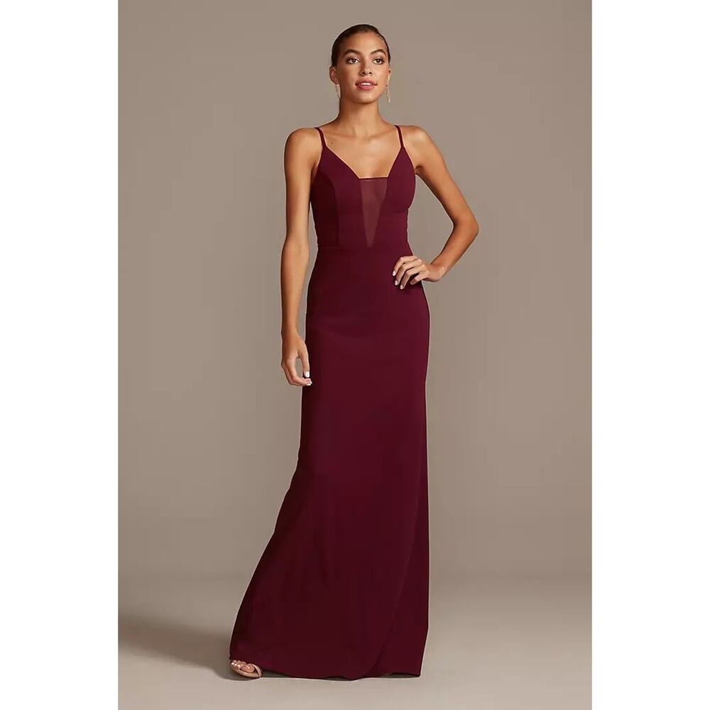 DB Merlot Skinny Strap Illusion‎ Deep-V Stretch Crepe Dress Size 6